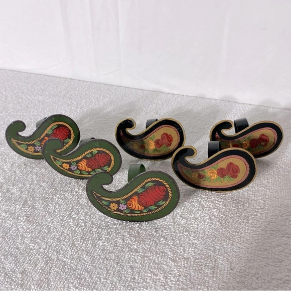 Vintage Painted Paisley Metal Napkin Rings x6 - Picture 1 of 10